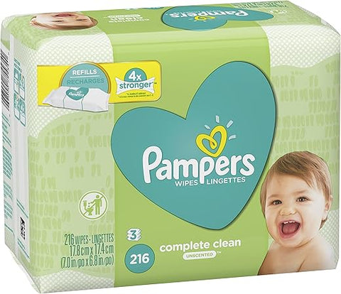Lenços Umedecidos para Bebês, Complete Clean Sem Perfume, 3 Pacotes de Reposição para Dispenser, 216 Lenços no Total - Pampers