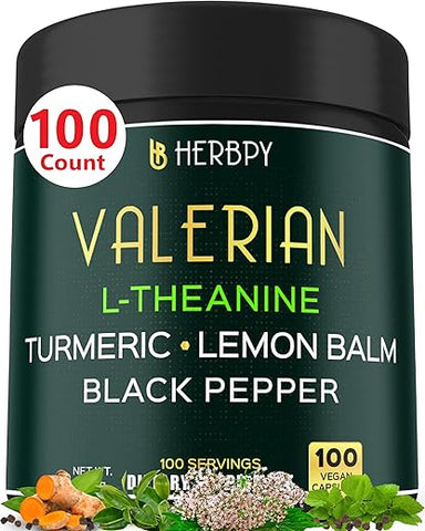 Herbpy - Cápsulas de Raiz de Valeriana 5 em 1 5150mg com L-Teanina, Melissa, Cúrcuma e Extrato de Pimenta Preta para Relaxamento, Noite de Descanso e Digestão