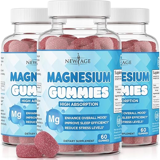 NEW AGE - Magnésio Gummies – Gomas Calmantes Anti-Estresse, Suplemento de Magnésio para Adultos e Crianças, Vegano, Livre de Gelatina, Sem Glúten, Não-OGM, Sabor Natural de Framboesa Delicioso – 180 g