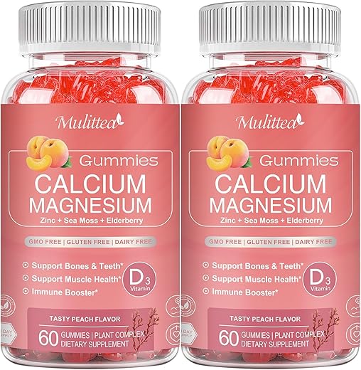 Mulittea - Gomas de Cálcio 1200mg com D3, K2, Zinco – Complexo de Plantas de Cálcio e Magnésio com Glicinato, Potássio e Vitamina C