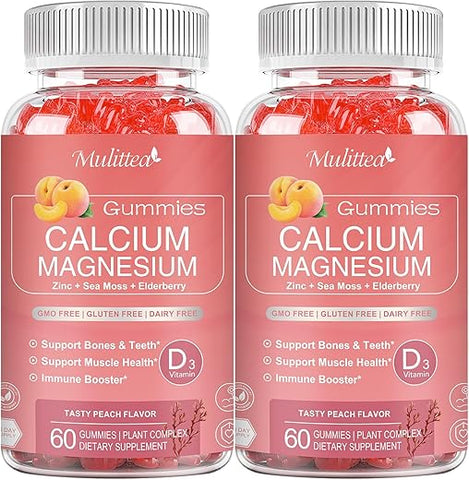 Mulittea - Gomas de Cálcio 1200mg com D3, K2, Zinco – Complexo de Plantas de Cálcio e Magnésio com Glicinato, Potássio e Vitamina C