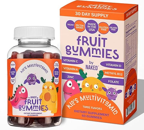 Kids Vitamin Gummies – Vitaminas Infantis A, C, D, E, B6, B12, Zinco – Sem OGM, Sem Glúten, Sem Gelatina – Vegano – 3 Sabores de Frutas – 30 Dias de Fornecimento - NAKED