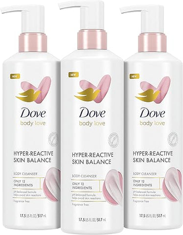 Body Love Sabonete Líquido para Pele Reativa 3 Unidades Equilíbrio para Pele Hiper-Reativa Hipoalergênico Sem Fragrância 12 Ingredientes 500 ml - Dove