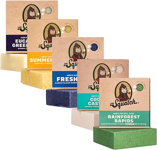 Sabonete em Barra Natural para Homens, Kit com 5 Barras – Sabonete Natural para Homens – Quedas de Floresta Tropical, Náufrago de Coco, Quedas Frescas, Citrus de Verão e Eucalipto Grego – Embalagem Variada - Dr. Squatch