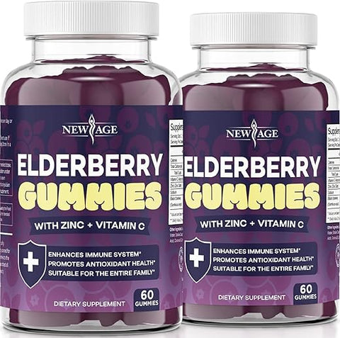 2-Pack) Gomas Premium de Sabugueiro para Adultos e Crianças com Vitamina C, Zinco, Própolis – Extrato de Goma de Sabugueiro Preto Sambucus – Livre de Glúten - NEW AGE