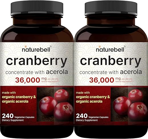 2 Pack Cranberry Pills 36,000mg com Acerola, 480 Cápsulas Vegetais | Extrato de Cranberry Fresco 100:1 – Ingredientes Orgânicos – Suporte à Saúde do Trato Urinário - NatureBell