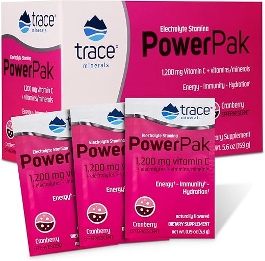 Power Pak Pacotes de Pó Eletrolítico | 1200 mg Vitamina C, Zinco, Magnésio | Reforça a Imunidade, Hidratação e Energia Natural | Cranberry | 30 Pacotes - Trace Minerals