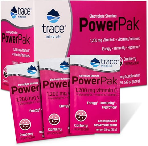 Power Pak Pacotes de Pó Eletrolítico | 1200 mg Vitamina C, Zinco, Magnésio | Reforça a Imunidade, Hidratação e Energia Natural | Cranberry | 30 Pacotes - Trace Minerals
