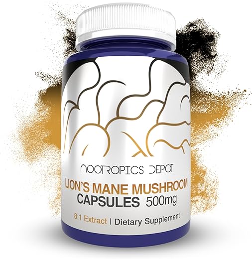 Cápsulas de Cogumelo do Leão Nootropics Depot | Extrato Dual 8:1 do Corpo Frutífero Integral | 500mg | 180 Unidades | Hericium erinaceus