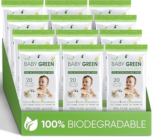 Yugi Baby Green - Baby Green Wipes Orgânicas Compostáveis e Biodegradáveis sem Fragrância – Pack de Viagem (12 Packs de 20) 240 para Pele Sensível
