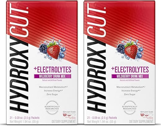 Drink Mix Wildberry Blast – 21 Pacotes de Viagem, Embalagem com 2 – Zero Calorias, Zero Açúcar – Acelera o Metabolismo, Queima Calorias, Aumenta a Energia – para Mulheres - Hydroxycut