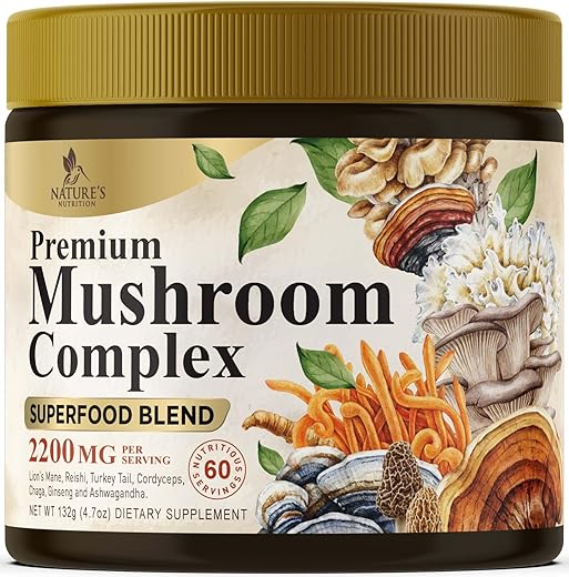Nature's Nutrition - Pó de Cogumelo Orgânico – Complexo em Pó 11 em 1 de Leão Mane, Cordyceps, Reishi, Chaga, Shiitake, Turkey Tail, Maitake