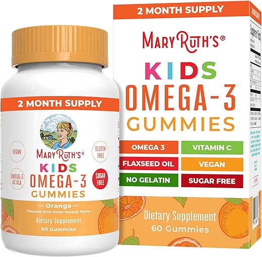 Gomas Veganas de Ômega 3 para Crianças 2, Suprimento de 2 Meses, Sem Açúcar, Suplemento de Ômega 3 com Vitamina C, Óleo de Linhaça, Suporte Imunológico, Nutriente Essencial ALA, Sem Peixe - MaryRuth Organics