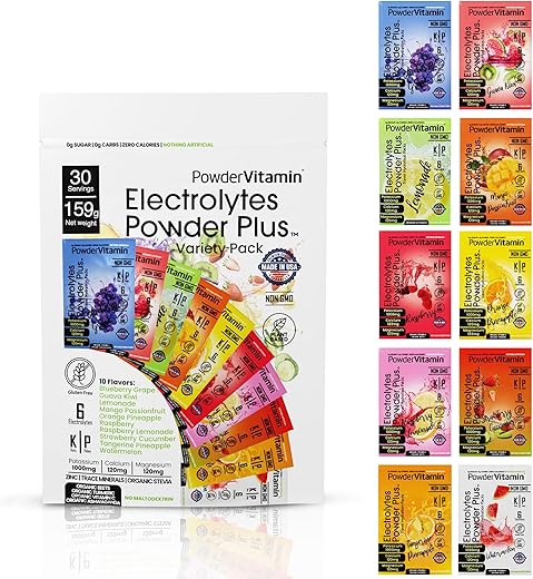 PowderVitamin - Electrolytes Powder Plus Keto: Pack Variado, Zero Açúcar, 1000mg de Potássio, 120mg de Cálcio, 120mg de Magnésio, Não-OGM, Zero Calorias, 30 Pacotes de Hidratação