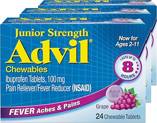 Junior – Alívio de Dor e Febre, Ibuprofeno Mastigável para Crianças, Uva – 24 Comprimidos (Pacote com 3) - Advil