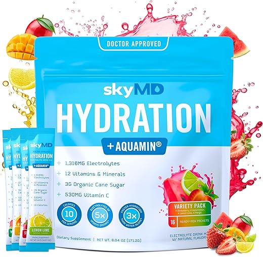 skyMD - Pacotes de Pó Hidratante com Eletrólitos | Multiplicador de Hidratação com Baixo Açúcar e Calorias | Adicione à Água ou Bebida Líquida | Fácil de Abrir para Viagens | 16 Porções Individuais | Marca: [Nome da Marca]