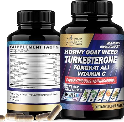 Organic Cadane - Orgânico Cadane Turkesterone 7500mg Vitamina C 30mg Horny Goat Weed 1500mg – Pré-Treino, Energia