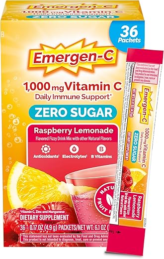 Zero Sugar 1000 mg Vitamina C em Pó para Suporte Diário ao Sistema Imunológico – Suplemento de Vitamina C sem Cafeína com Zinco e Manganês, Vitaminas B e Eletrólitos, Sabor Framboesa - Emergen-C