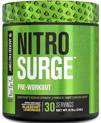 NITROSURGE – Energia Infinita, Ganho Instantâneo de Força, Foco Claro, Bombas Intensas – Impulsionador de Óxido Nítrico, Pó Energético Pré-Treino Poderoso – 30g - Jacked Factory
