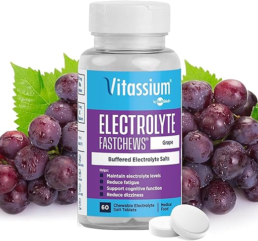 FastChews – Tabletes de Eletrólitos Mastigáveis para o Gerenciamento de POTS e Dietas com Alto Teor de Sódio, Tabletes de Sódio de Ação Rápida, Sabor Uva, 60 Unidades - Vitassium