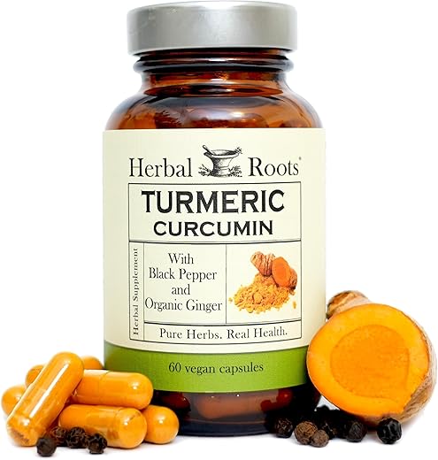 Cápsulas de Cúrcuma Curcumina – Extra Forte – 1000mg de Cúrcuma Orgânica Pura, Extrato de Curcumina Padronizado a 95%% com Pimenta BioPerine e Gengibre - Herbal Roots
