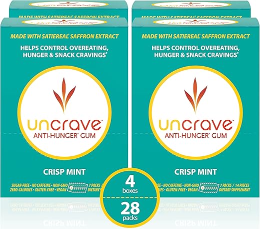 Gum com Extrato de Açafrão Satiereal – Controle o Lanche Compulsivo, a Compulsão Alimentar e os Desejos para uma Gestão Saudável do Peso – Melhore o Humor – Menta Crocante, 4 Caixas de 7 Pacotes - UNCRAVE