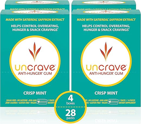 Gum com Extrato de Açafrão Satiereal – Controle o Lanche Compulsivo, a Compulsão Alimentar e os Desejos para uma Gestão Saudável do Peso – Melhore o Humor – Menta Crocante, 4 Caixas de 7 Pacotes - UNCRAVE