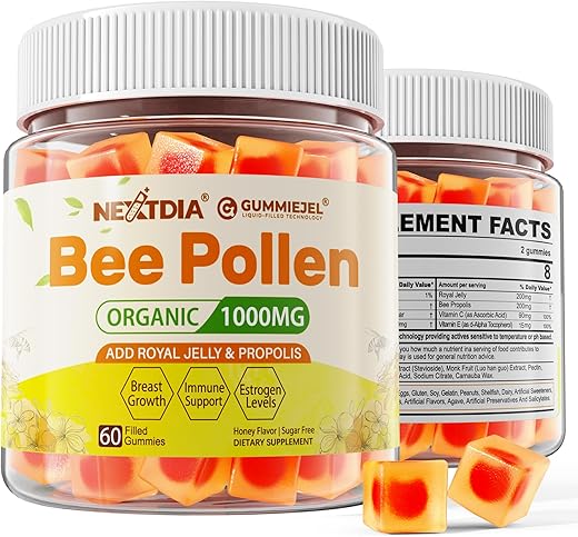 Nextdia - Bee Pollen Gummies Orgânicos 1000mg p/ Crescimento dos Seios c/ Própolis, Geléia Real, Sem Açúcar – Rico em Vitamina B, Antioxidantes, Aminoácidos – Suplemento de Pólen de Abelha p/ Pele