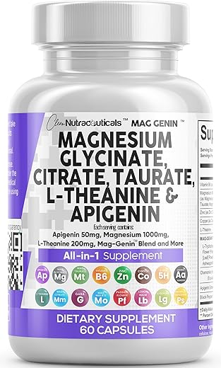 Clean Nutraceuticals - Magnésio Glicinato Complexo 1000mg com L-Teanina 200mg Apigenina 50mg Citrato de Taurato – 5-HTP GABA Flor de Maracujá Melissa L-Glicina Fosfatidilserina Ashwagandha