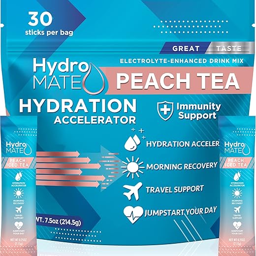 NatureWorks - Hidratante em Pó HydroMATE para Bebida com Eletrólitos, Baixo Açúcar, Acelerador de Hidratação, Recuperação Rápida de Festas com Vitamina C B12 Chá Gelado de Pêssego – 30 Sachês