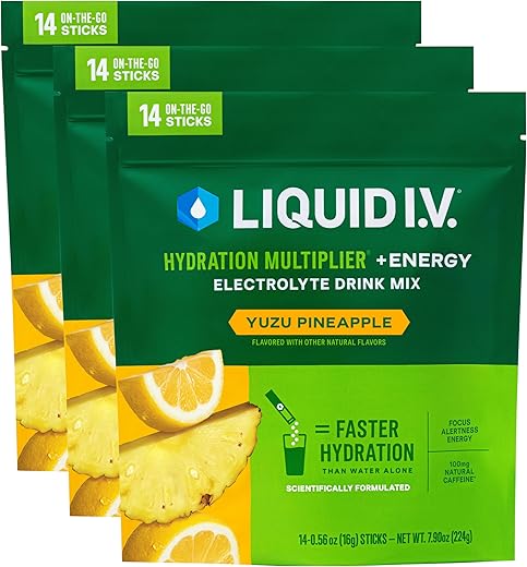 Energia Hidratante Multiplier – Yuzu Abacaxi | Pó para Bebida com Eletrólitos | 3 Pacotes (42 Porções) - Liquid I.V.