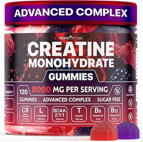 PERFECTFIT365 - Creatine Monohydrate Gummies Complex 8000mg – Suplemento de Creatina Mastigável para Homens e Mulheres com L-Carnitina, Taurina, Creatina Monohidratada Mastigável, Força Muscular, Sabor Framboesa