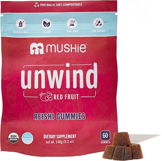 mushie - Mushie Gummies Orgânicos de Reishi – 60 Gummies, 2000mg de Cogumelos Reishi – Estresse, Relaxamento, Sono, Saúde Cardiovascular e Imunidade com Vitamina D – Vitaminas Veganas e Livres de Glúten