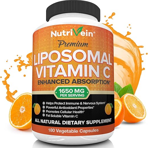 Vitamina C Lipossomal 1650mg – 180 Cápsulas – Ácido Ascórbico de Alta Absorção – Fortalece o Sistema Imunológico - Nutrivein