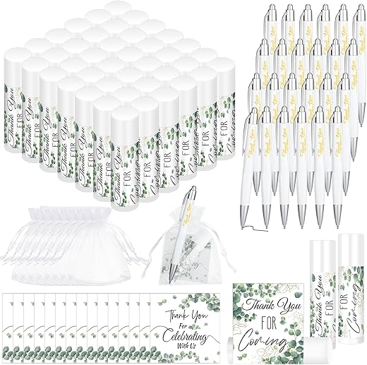 Heigble - Conjunto de 50 Presentes a Granel de Agradecimento Inclui Bálsamos Labiais, Caneta Esferográfica de Apreciação, Cartão de Agradecimento, Bolsa de Presente de Organza com Cordão para Casamentos, Festas de Chá de Bebê e Lembrancinhas