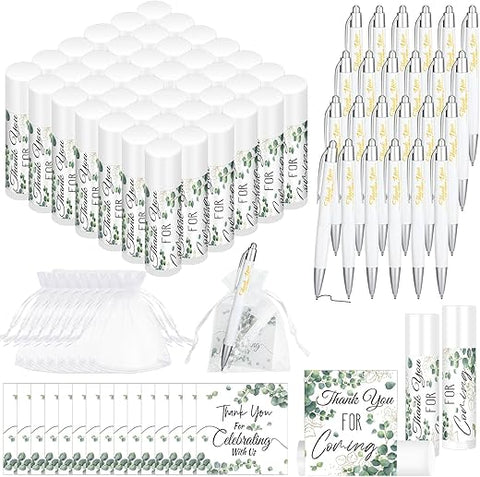 Heigble - Conjunto de 50 Presentes a Granel de Agradecimento Inclui Bálsamos Labiais, Caneta Esferográfica de Apreciação, Cartão de Agradecimento, Bolsa de Presente de Organza com Cordão para Casamentos, Festas de Chá de Bebê e Lembrancinhas