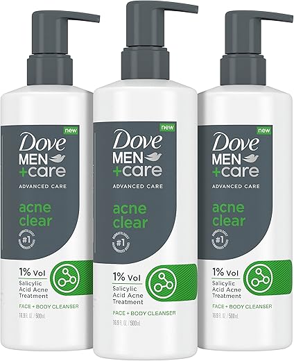 DOVE MEN + CARE - DOVE MEN CARE – Sabonete Líquido Avançado para Pele com Tendência a Acne – 3 Unidades – 1%% Ácido Salicílico – 500ml