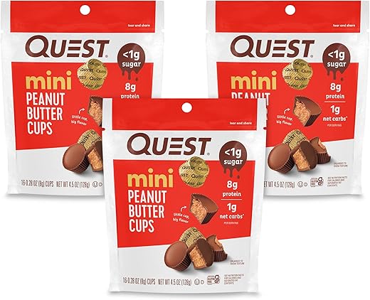 Mini Peanut Butter Cups – Alto teor de proteína, baixo teor de carboidratos, sem glúten – Embalagem com 16 unidades (Pacote com 3) - Quest Nutrition
