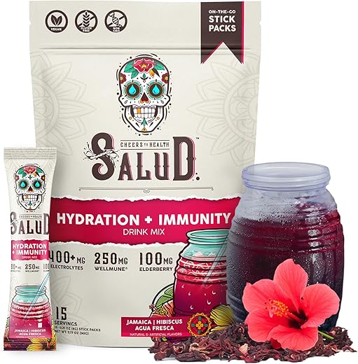 Taste Salud - Salud Hibiscus – Jamaica Agua Fresca em Pó, Sachês de Hidratação 2 em 1 com Eletrólitos, Sabores de Sabugueiro e Lácteo – 10g