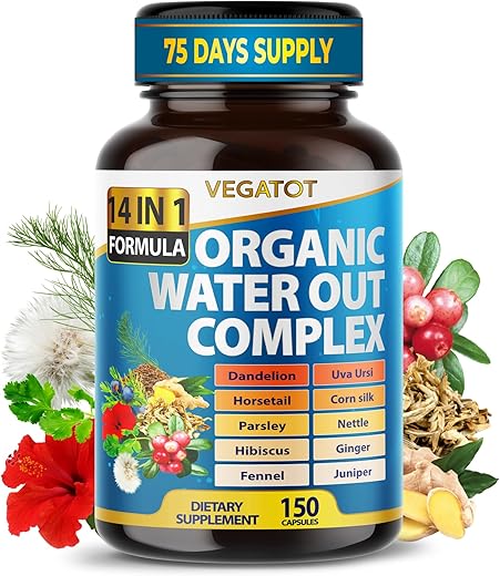 Complexo Orgânico Water Out – Fórmula 14 em 1 – com Dente-de-leão Uva Ursi Cavalinha Seda de Milho Salsa Urtiga Hibisco Gengibre – 100% Natural e Eficaz - VEGATOT