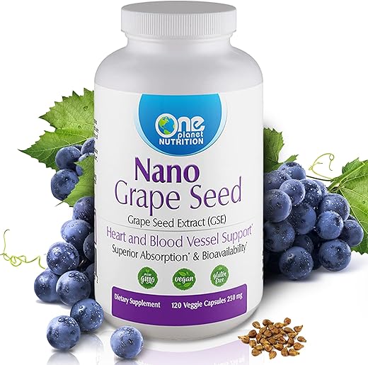 One Planet Nutrition - Nano Extrato de Semente de Uva 250 mg Cápsulas Vegetais (120 Porções), Nano para Absorção Aprimorada, Suporte à Saúde Antioxidante para a Saúde Vascular, Não-OGM, Vegano, Livre de Glúten