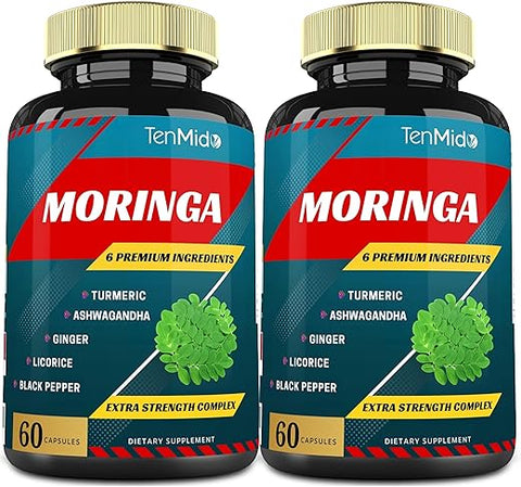 Tenmido - Moringa Capsules 8530mg – 2 Pacotes, 4 Meses de Fornecimento com Cúrcuma, Ashwagandha, Gengibre, Alcaçuz, Pimenta Preta | Suporte Imunológico, Estimulante de Energia | Suplementos de Ervas de Folha Oleifera