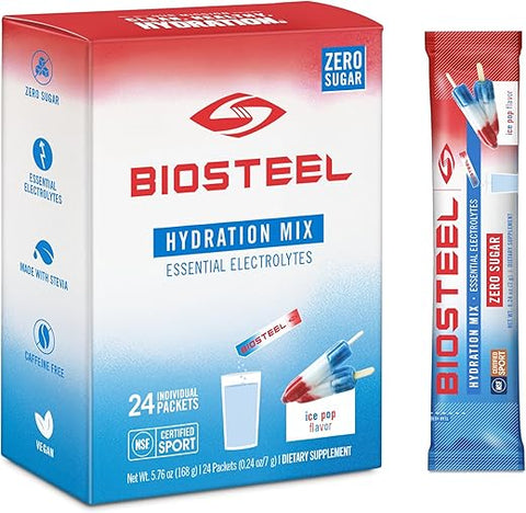 BIOSTEEL - BioSteel Hydration Mix Ice Pop – 24 Pacotes Individuais, Sem Açúcar, com Eletrólitos Essenciais – Marca BioSteel
