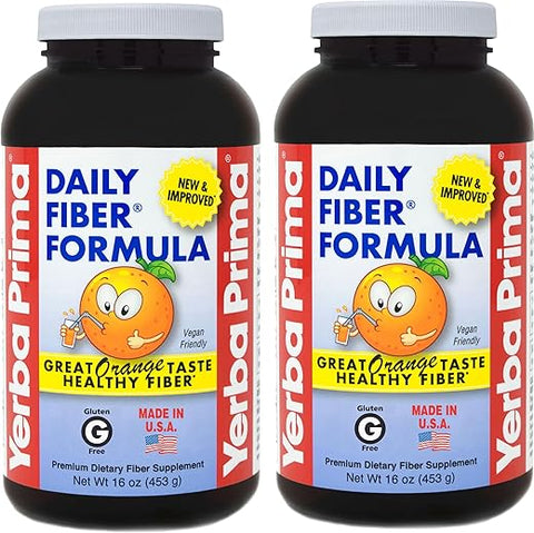 Fórmula Diária de Fibra 16 oz (Pacote com 2) – Suplemento Premium de Fibra Dietética, Sem OGM, Sem Glúten, Fabricado nos EUA, Sabor Laranja - Yerba Prima
