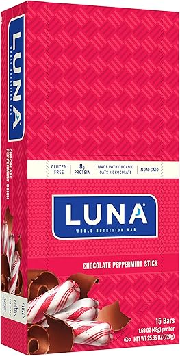 Clif Bar - LUNA BAR – Barras de Lanche sem Glúten – Chocolate com Hortelã-Pimenta – 8g de Proteína – Não-OGM – Lanche Saudável à Base de Plantas – Snacks para Levar (Barras de Lanche de 48g, 15 Unidades)