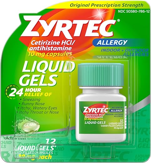 24 HR Alívio de Alergia em Cápsulas de Gel Líquido, Cetirizina HCl Antialérgico, 12 un - Zyrtec