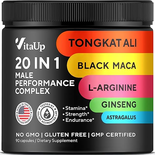 VitaUp - Tongkat Ali 20 em 1 para Homens com Astragalus – Complexo de Desempenho Masculino Feito nos EUA com Raiz de Maca Negra, L-Arginina, Ginseng, Cálcio, Astragalus para Força Normal