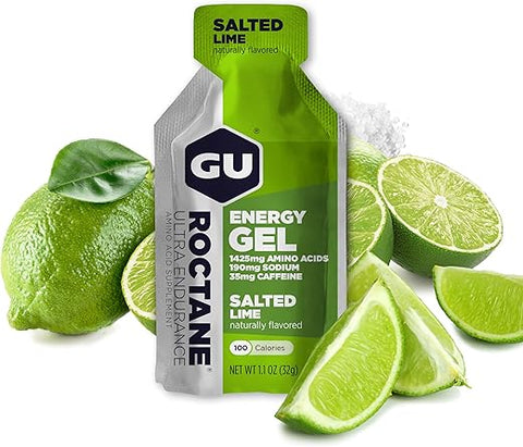 GU ENERGY GEL - GU Energy Roctane Ultra Endurance Energy Gel Vegan, Sem Glúten, Kosher e Sem Laticínios para Nutrição Esportiva On-The-Go de Corrida, Ciclismo, Caminhada ou Esqui, Sabor Limão Salgado (24 Sachês)