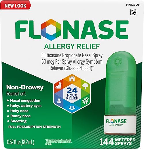 Spray Nasal Alívio de Alergia, Medicamento para Alergia Não Sonolento de 24 Horas, Spray Nasal Medido – 144 Sprays – Alívio de Alergia de Outono e Sazonal - Flonase