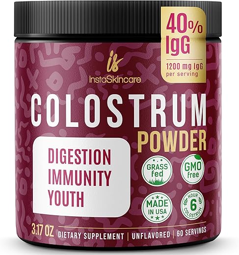 InstaSkincare - Pó de Colostro Bovino – Puro Colostro Bovino para Humanos – Suplemento de Colostro Alimentado com Grama para Suporte Intestinal, Saúde Imunológica e Crescimento Capilar – Fabricado nos EUA 90g